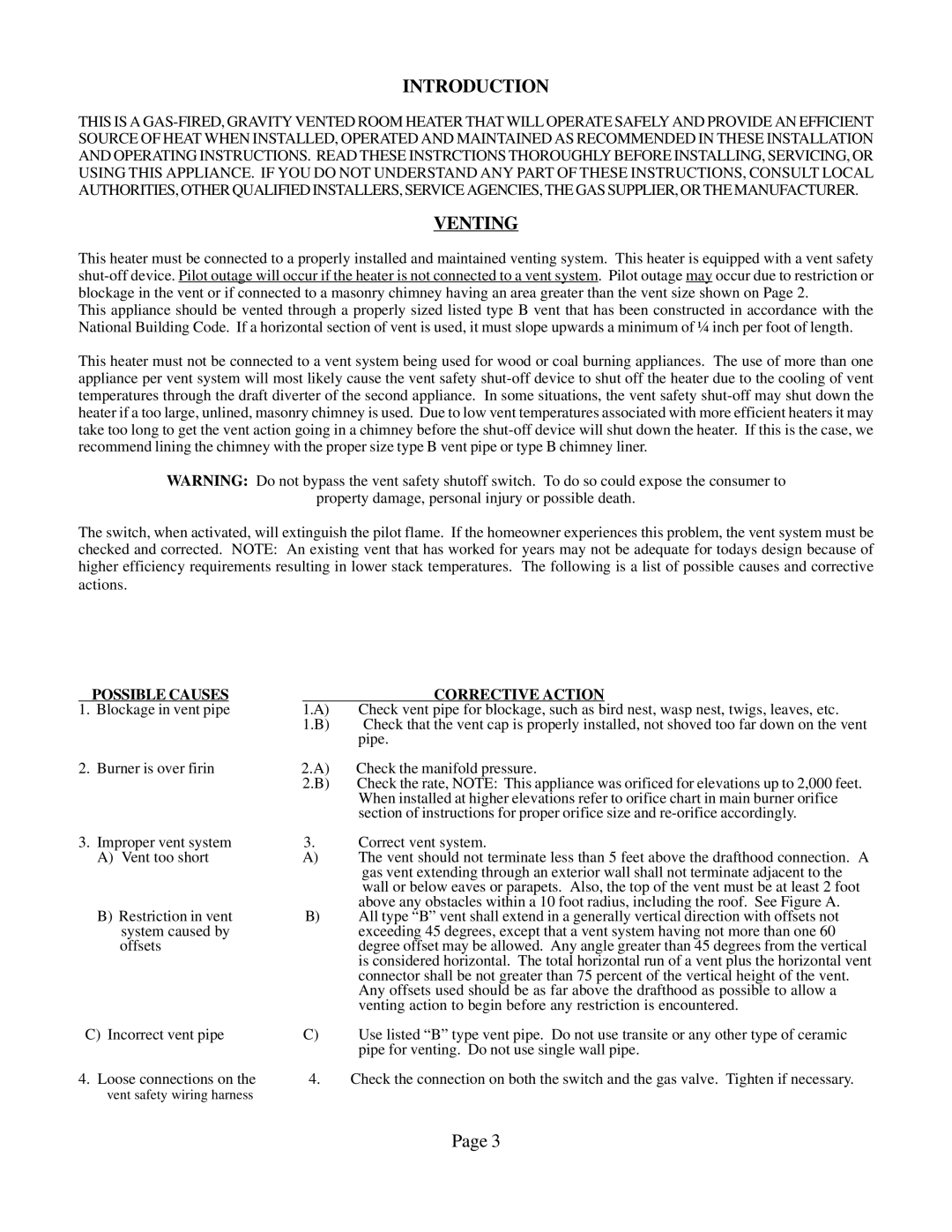 Louisville Tin and Stove VC502A, VCR502A, VCR351A, VC351A, VC201A Introduction, Venting, Possible Causes Corrective Action 