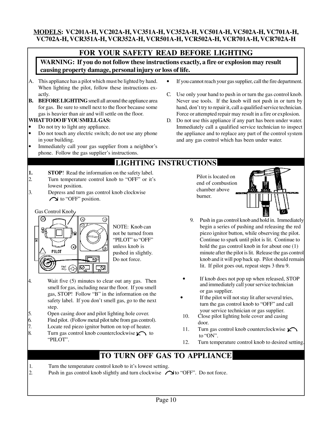 Louisville Tin and Stove VC502A-H, VCR702A-H, VCR701A-H For Your Safety Read Before Lighting, What to do if YOU Smell GAS 