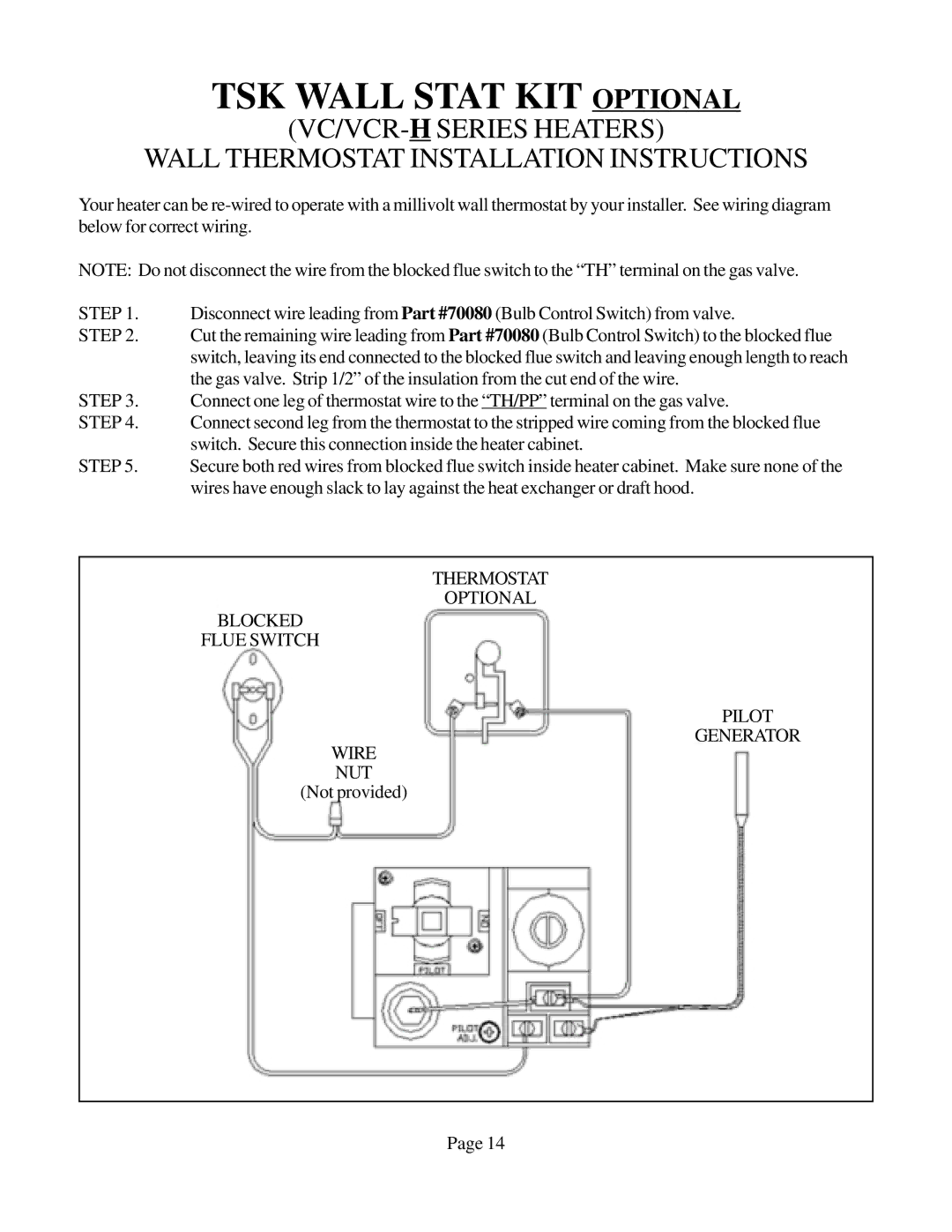 Louisville Tin and Stove VCR702A-H, VCR701A-H, VCR352A-H, VCR502A-H, VCR501A-H, VCR351A-H, VC202A-H TSK Wall Stat KIT Optional 