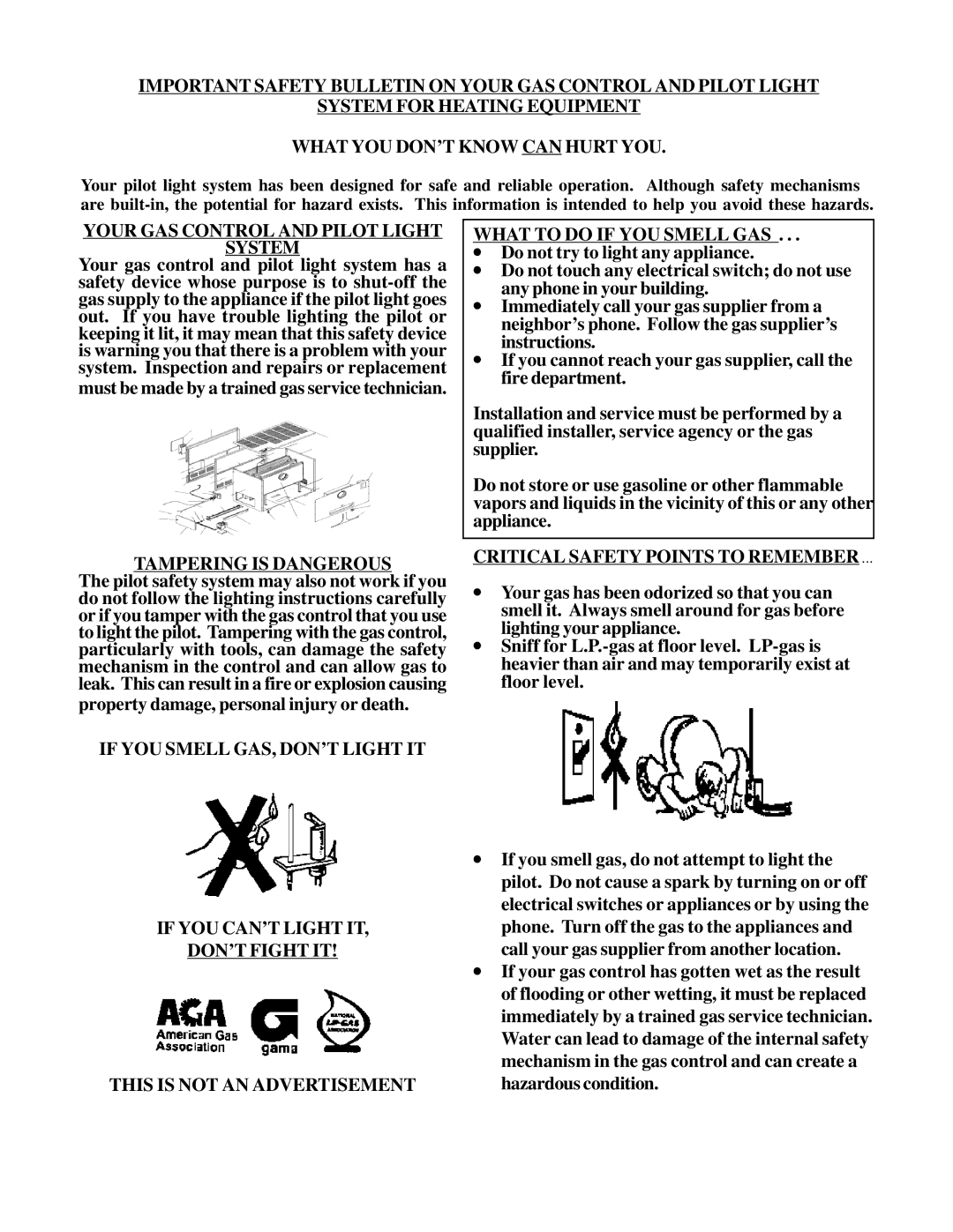 Louisville Tin and Stove VCR502A-H warranty Your GAS Control and Pilot Light System, Tampering is Dangerous, DON’T Fight IT 