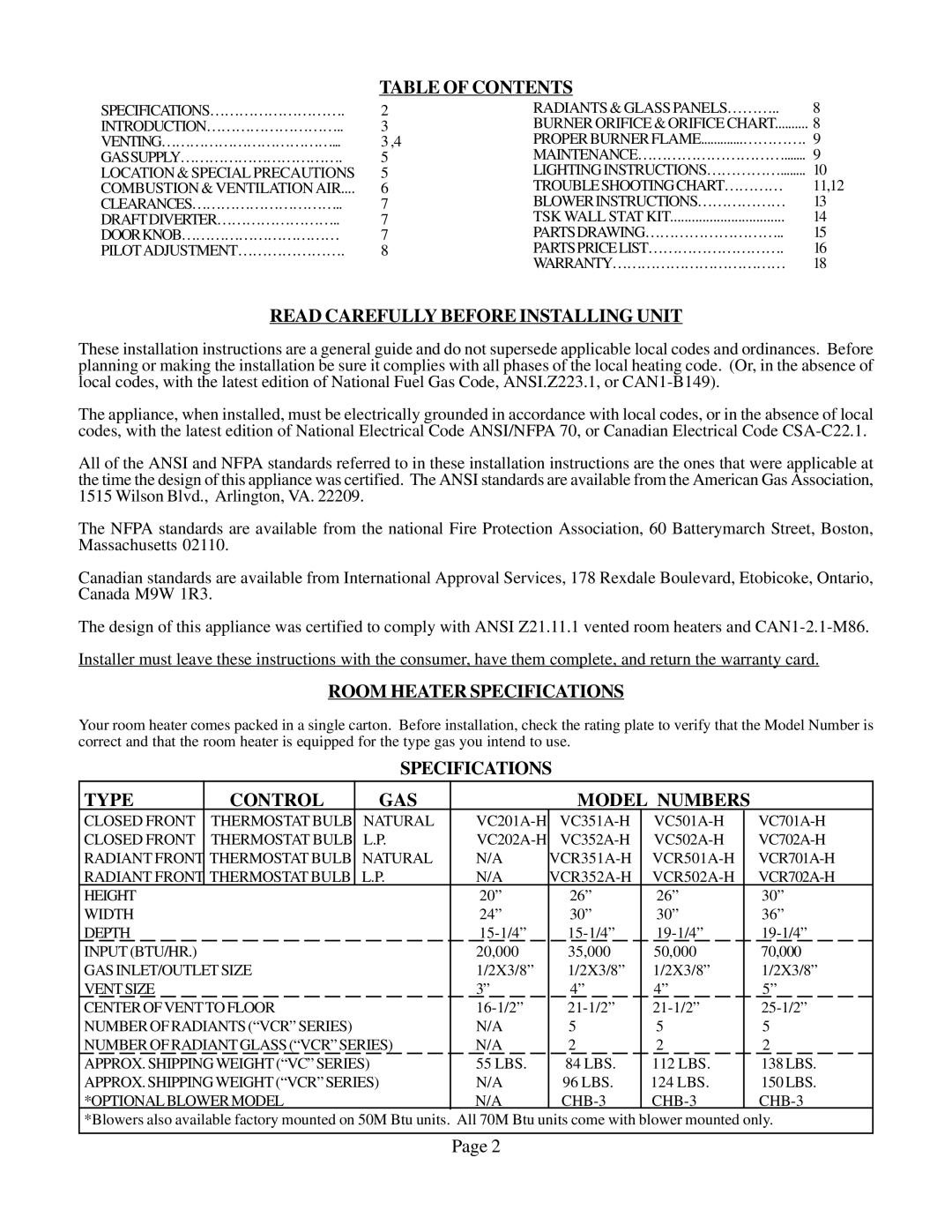 Louisville Tin and Stove VCR352A-H Table of Contents, Read Carefully Before Installing Unit, Room Heater Specifications 