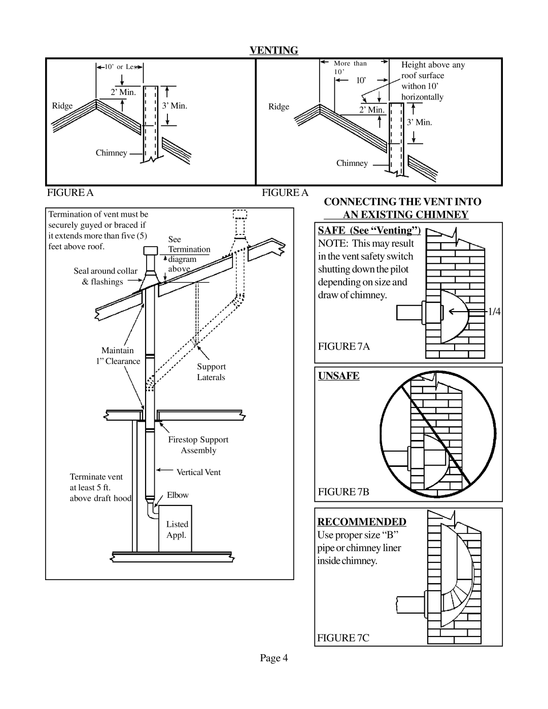 Louisville Tin and Stove VCR501A-H, VCR702A-H, VCR701A-H Connecting the Vent Into AN Existing Chimney, Unsafe Recommended 