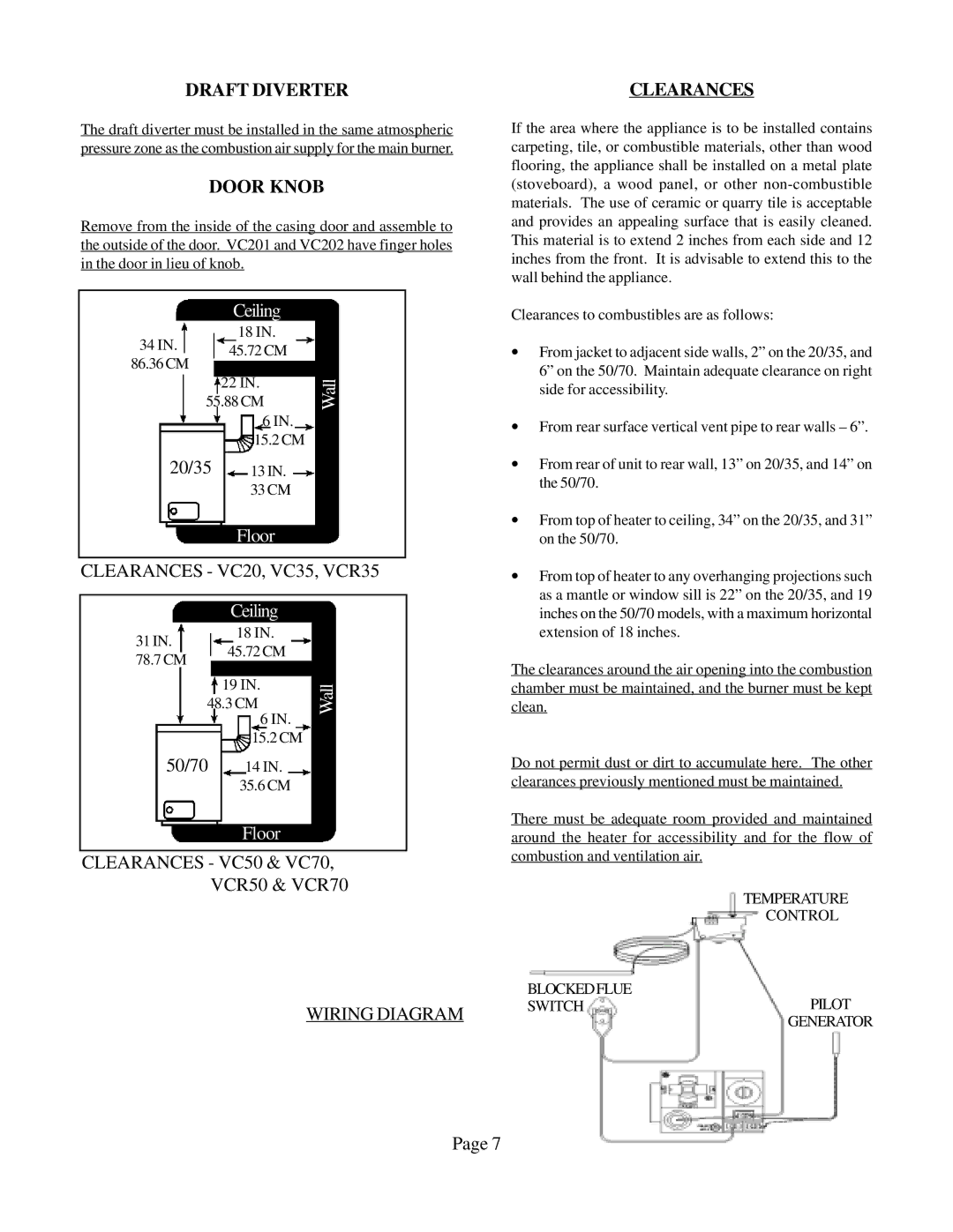 Louisville Tin and Stove VC501A-H, VCR702A-H, VCR701A-H, VCR352A-H, VCR502A-H, VCR501A-H Draft Diverter, Door Knob, Clearances 