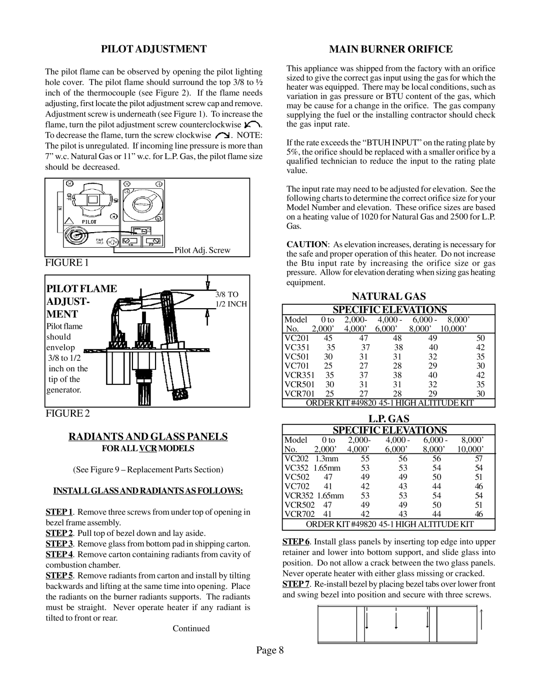 Louisville Tin and Stove VC201A-H, VCR702A-H warranty Pilot Adjustment, Pilot Flame Adjust, Ment, Radiants and Glass Panels 