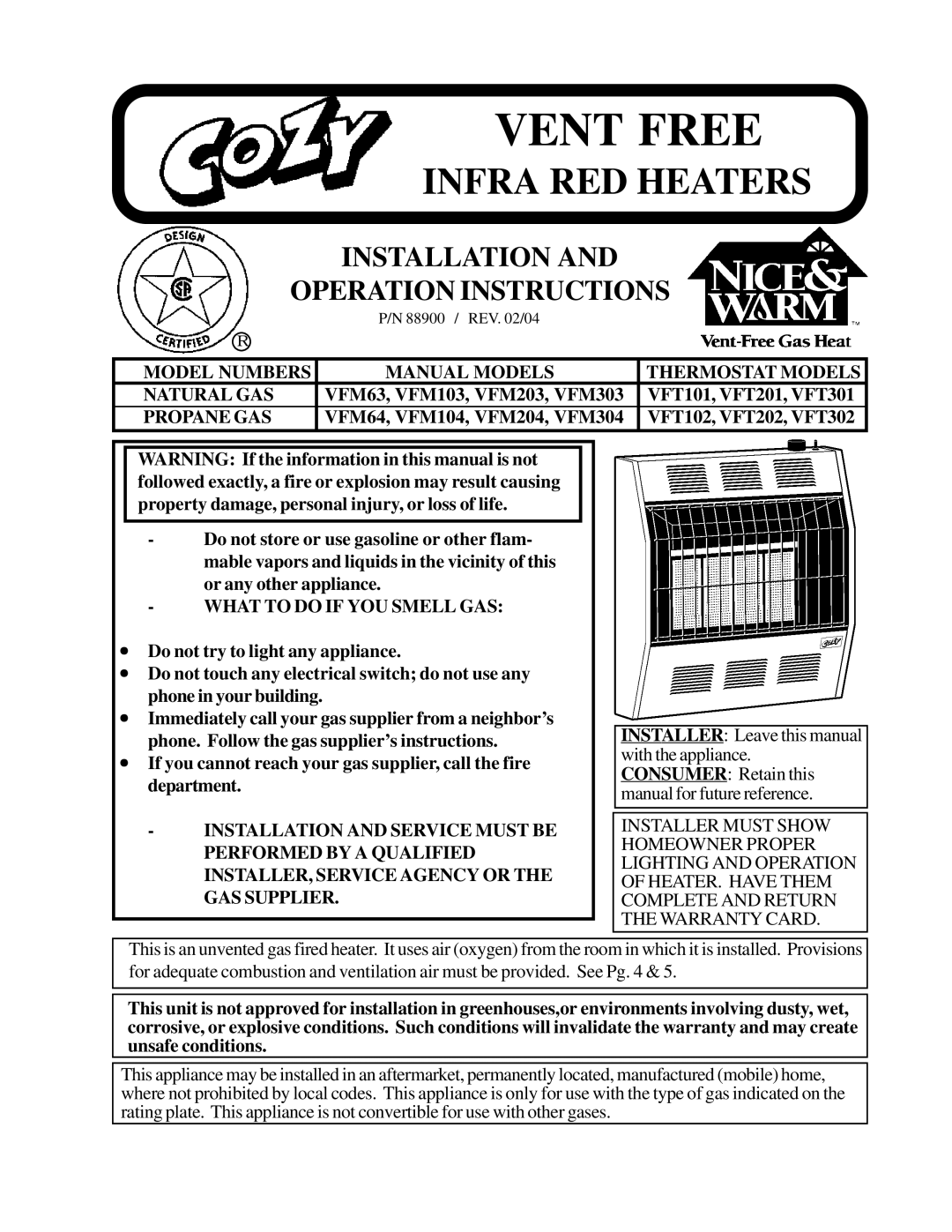 Louisville Tin and Stove VFT201, VFT302 warranty Model Numbers Manual Models Thermostat Models Natural GAS, Propane GAS 