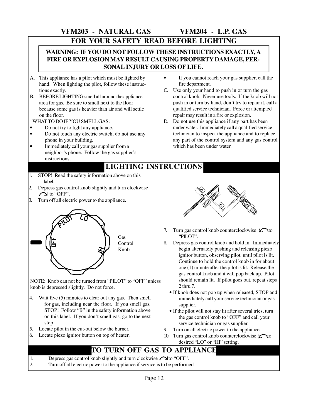 Louisville Tin and Stove VFT102, VFT302, VFT201, VFM303, VFM63, VFM64 VFM203 Natural GAS, For Your Safety Read Before Lighting 