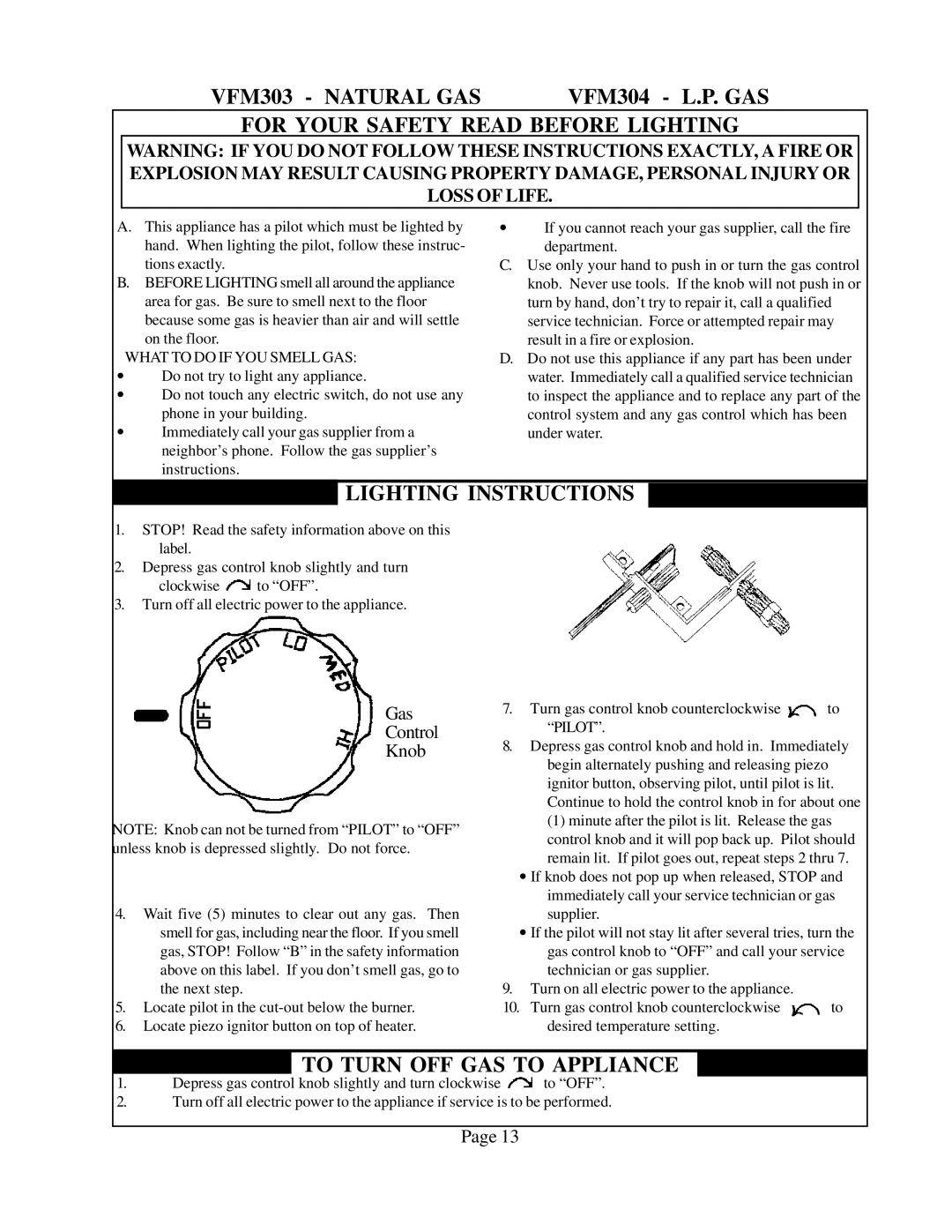 Louisville Tin and Stove VFM64, VFT302, VFT201, VFM63, VFM304, VFM103, VFM104, VFT202 VFM303 Natural GAS, Gas Control Knob 