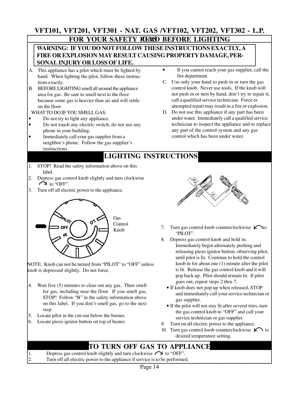 Louisville Tin and Stove VFT302, VFT201, VFM303, VFM63, VFM304, VFM103, VFM104, VFT202 For Your Safety Readgas Before Lighting 