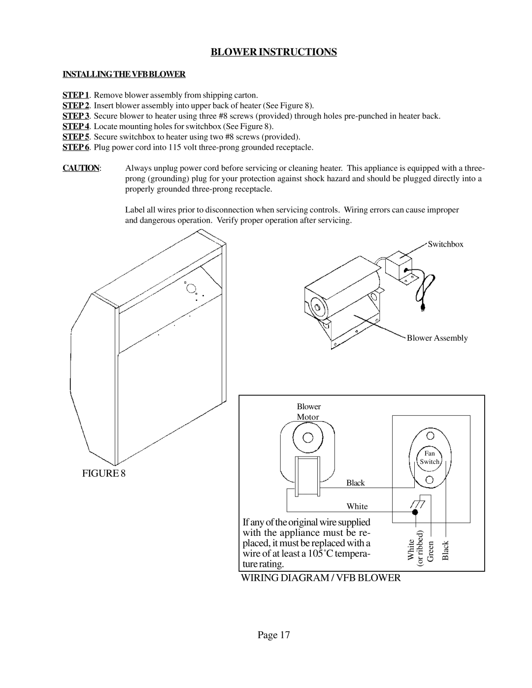 Louisville Tin and Stove VFM63, VFT302, VFT201, VFM303, VFM304, VFM103, VFM104 Blower Instructions, Installing the VFB Blower 