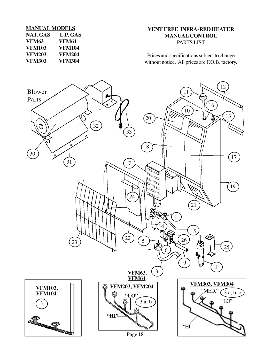 Louisville Tin and Stove VFM304 Manual Models NAT. GAS L.P. GAS VFM63 VFM64, Vent Free INFRA-RED Heater Manual Control 