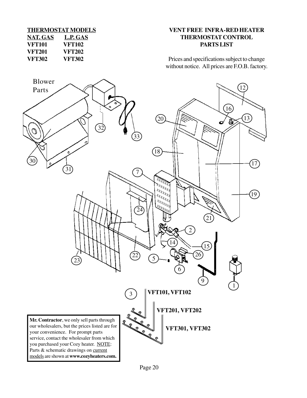 Louisville Tin and Stove VFM104, VFT302, VFT201, VFM303, VFM63, VFM304 Thermostat Models Vent Free INFRA-RED Heater NAT. GAS 