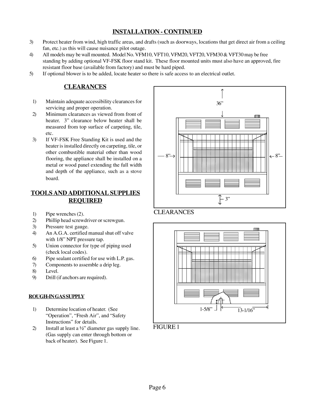 Louisville Tin and Stove VFM104, VFT302, VFT201, VFM303, VFM63, VFM304 Clearances, Tools and Additional Supplies Required 