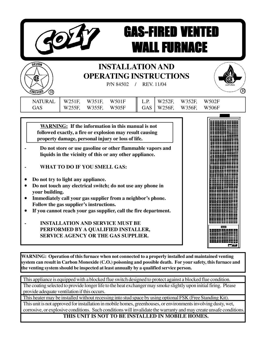 Louisville Tin and Stove W502F W255F, W506, W351F, W355F, W505F W256F warranty Natural, Gas, What to do if YOU Smell GAS 