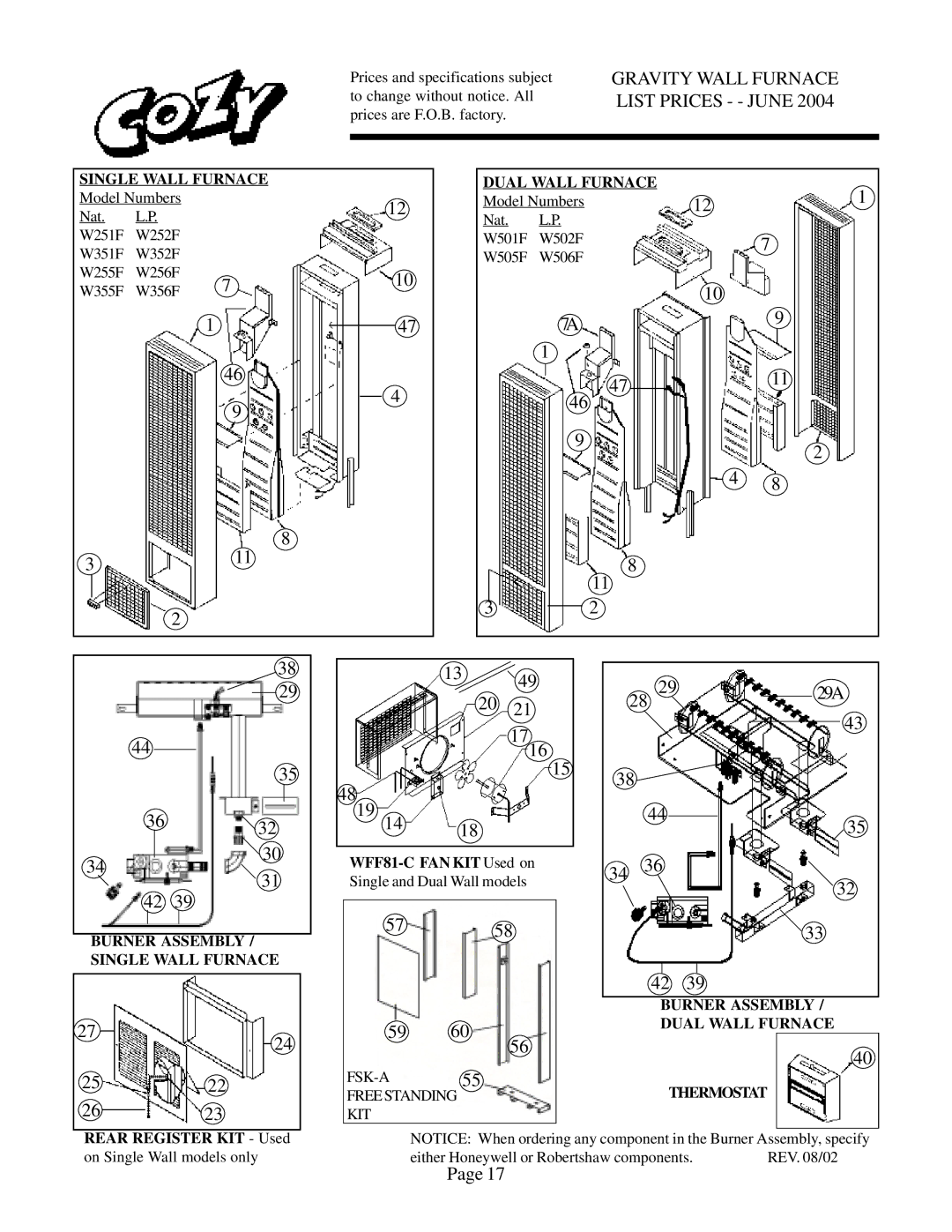 Louisville Tin and Stove W352F, W506, W351F Gravity Wall Furnace List Prices - June, Single Wall Furnace, Dual Wall Furnace 