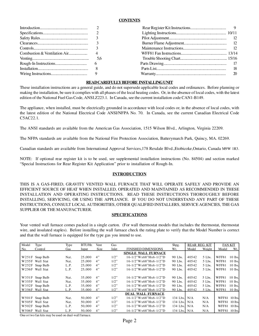 Louisville Tin and Stove W351F, W506, W355F Contents, Readcarefullybefore Installingunit, Introduction, Specifications 