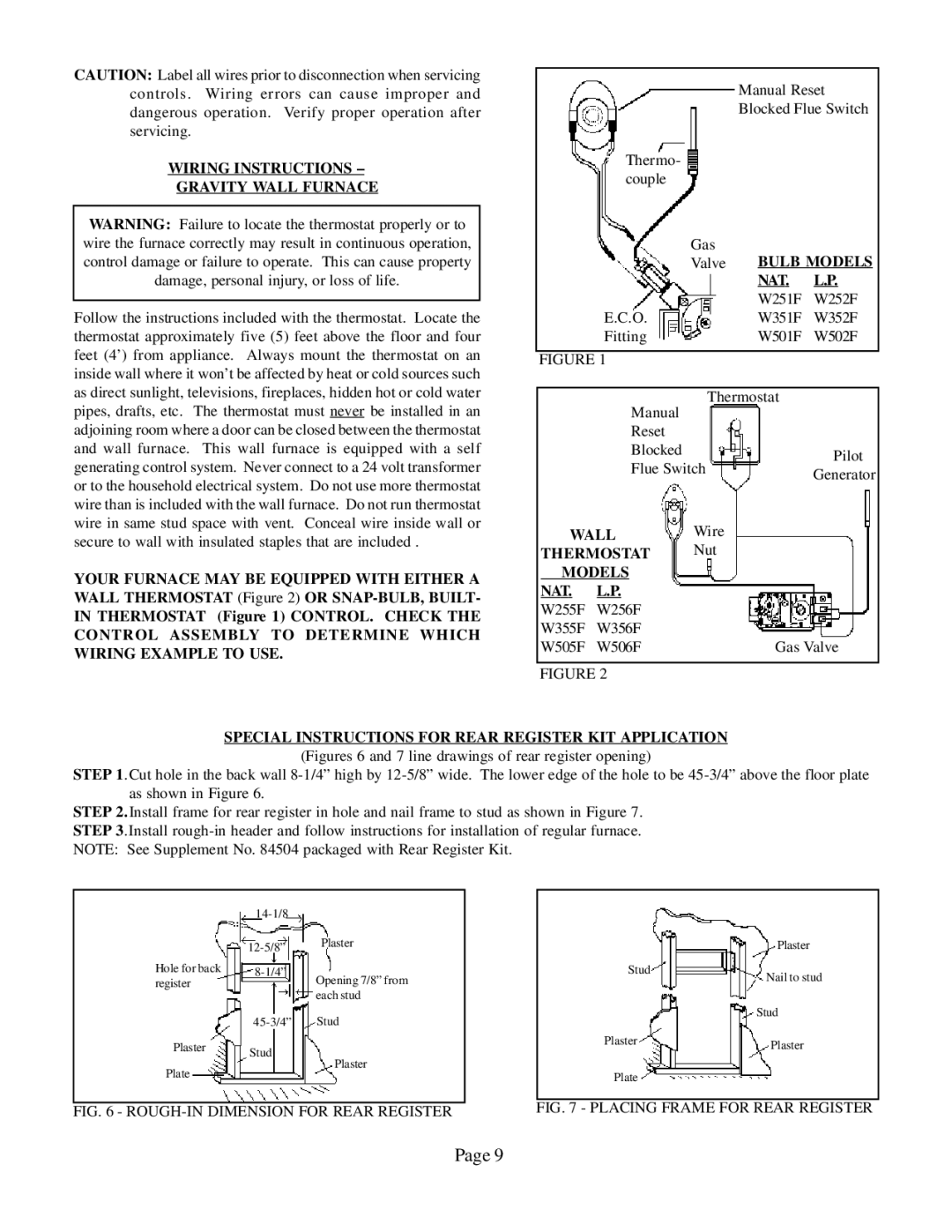 Louisville Tin and Stove W506, W502F W255F, W351F Wiring Instructions Gravity Wall Furnace, Nat, Thermostat, Models NAT 