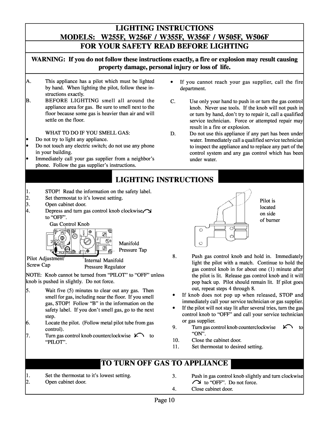 Louisville Tin and Stove W502F W255F, W506, W351F, W355F, W356F Lighting Instructions, For Your Safety Read Before Lighting 