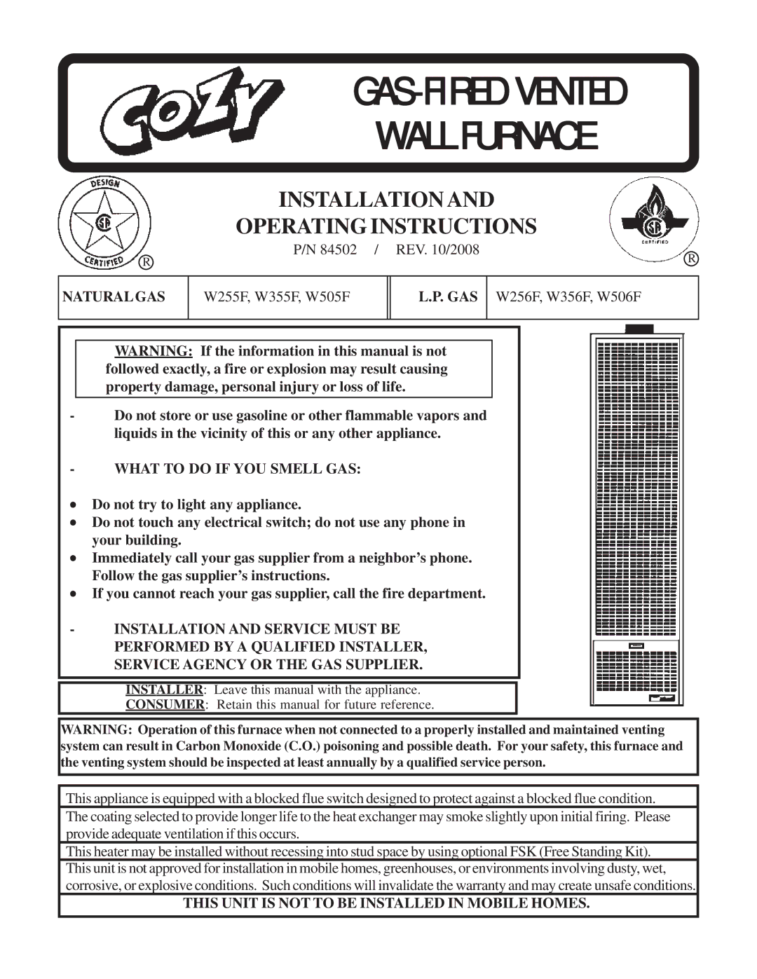 Louisville Tin and Stove W505F, W506F, W256F, W255F warranty Naturalgas, Gas, What to do if YOU Smell GAS 