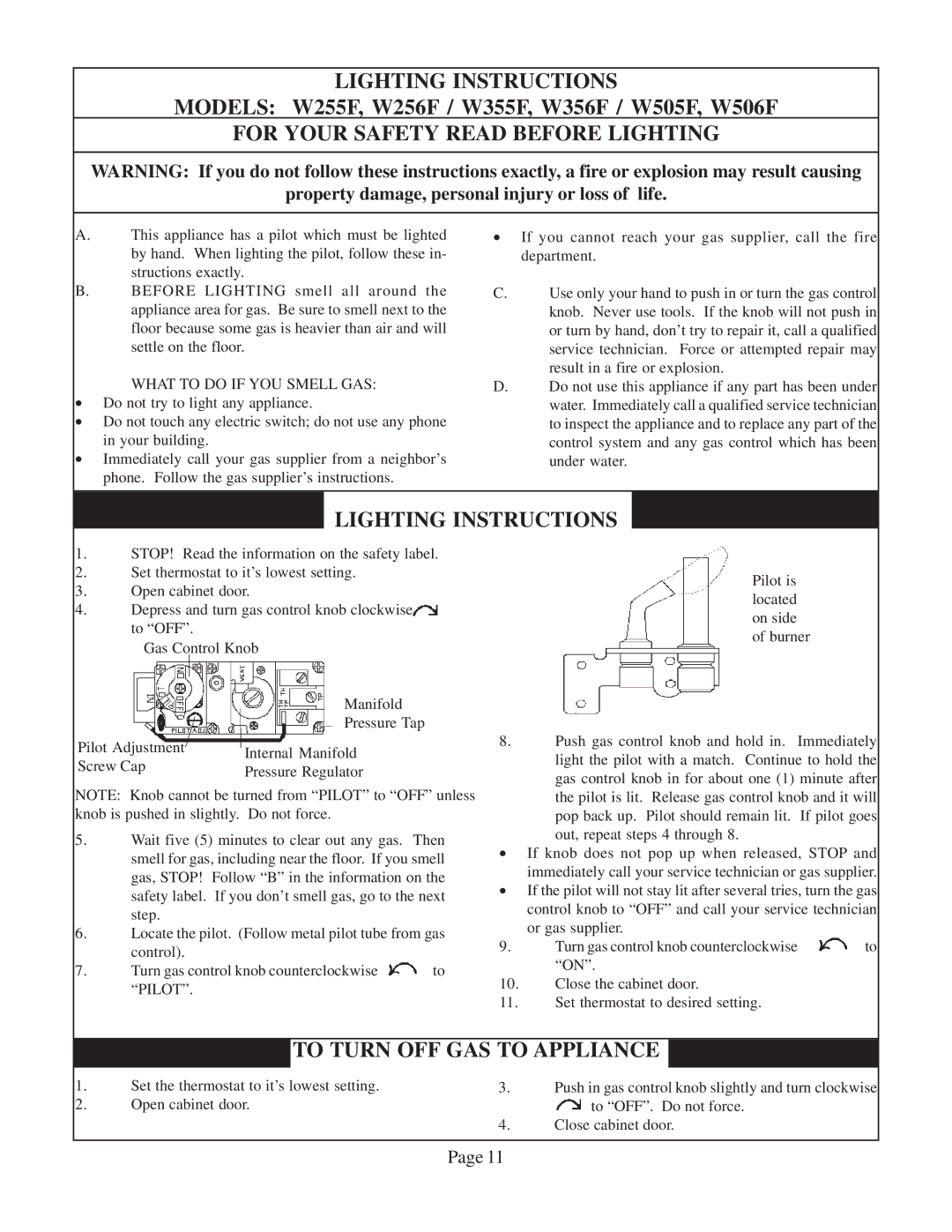 Louisville Tin and Stove W255F, W506F, W505F, W256F warranty What to do if YOU Smell GAS, Pilot 