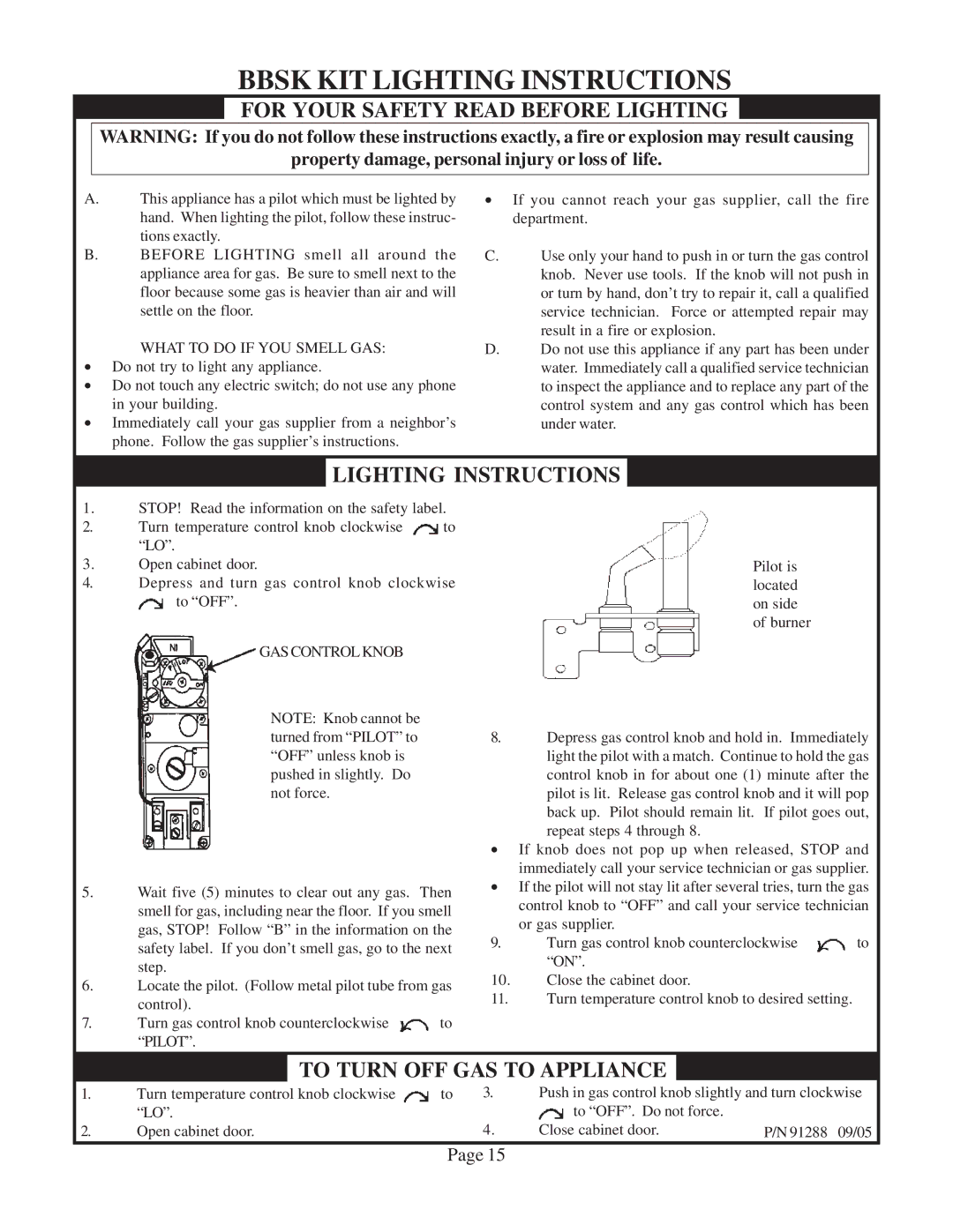 Louisville Tin and Stove W255F, W506F, W505F, W256F warranty Bbsk KIT Lighting Instructions, Gascontrolknob 