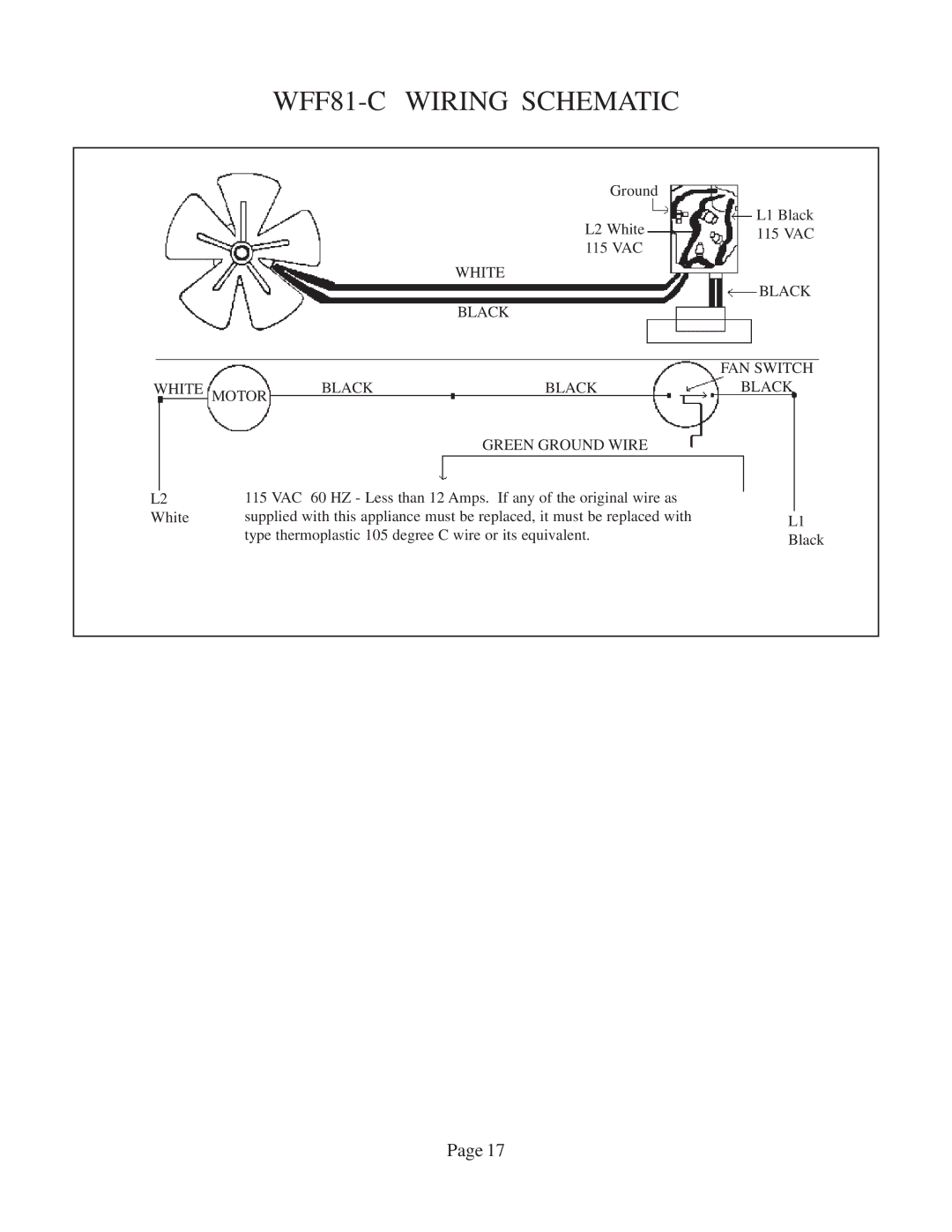 Louisville Tin and Stove W505F, W506F, W256F WFF81-C Wiring Schematic, White Black FAN Switch White Motor Green Ground Wire 