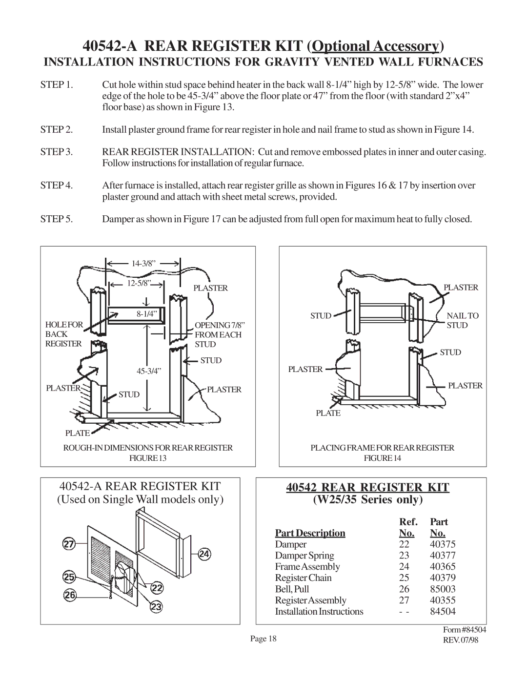 Louisville Tin and Stove W256F, W506F, W505F, W255F warranty Plaster, Holefor Opening 7/8 Back From Each Register Stud 