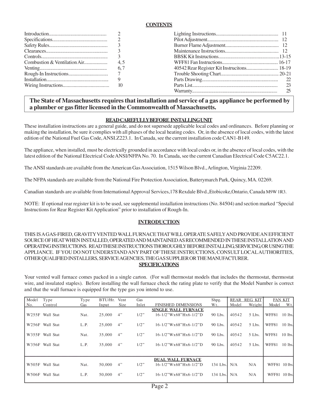 Louisville Tin and Stove W256F, W506F, W505F Contents, Readcarefullybefore Installingunit, Introduction, Specifications 