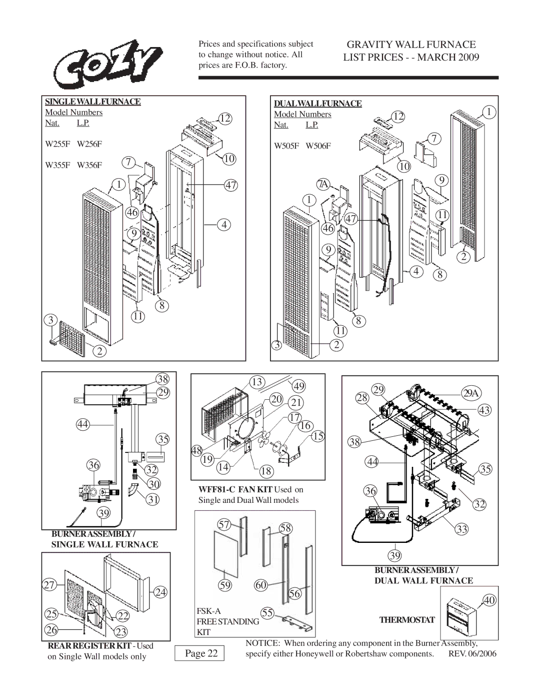 Louisville Tin and Stove W256F, W506F, W505F Gravity Wall Furnace List Prices - March, Singlewallfurnace, Dualwallfurnace 