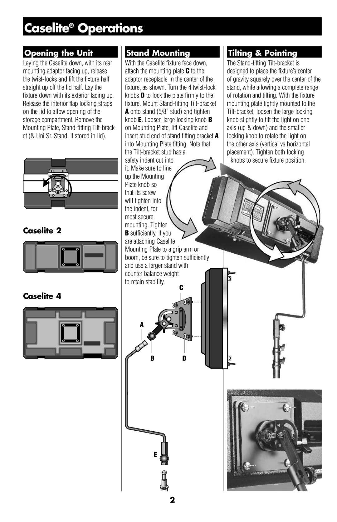 Lowel Light 2, 4 manual Opening the Unit Stand Mounting, Caselite, Tilting & Pointing 