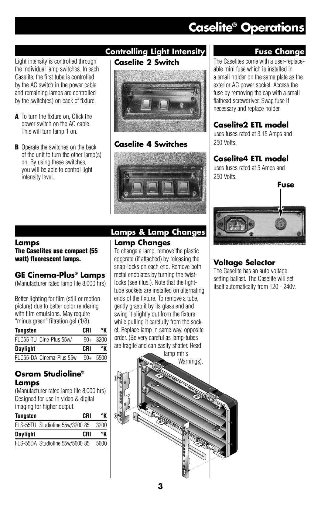 Lowel Light 4, 2 manual Controlling Light Intensity, Fuse Change, Lamps & Lamp Changes 