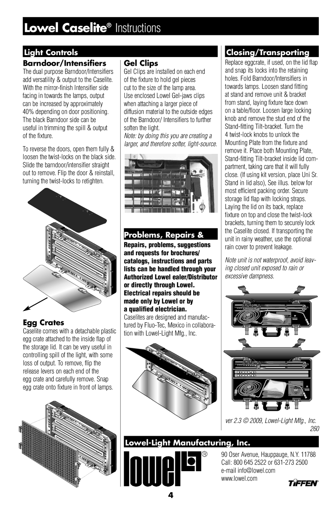 Lowel Light 2, 4 manual Light Controls, Problems, Repairs, Closing/Transporting, Lowel-Light Manufacturing, Inc 