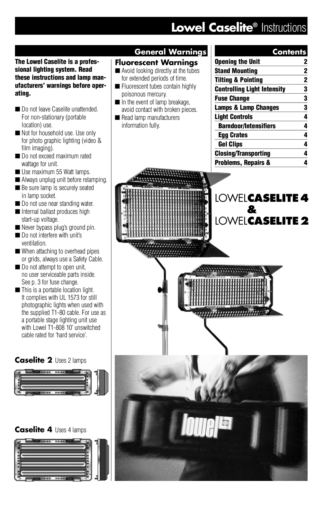 Lowel Light 2 manual Lowel Caselite Instructions, General Warnings, Fluorescent Warnings, Contents, LOWELCASELITE4 
