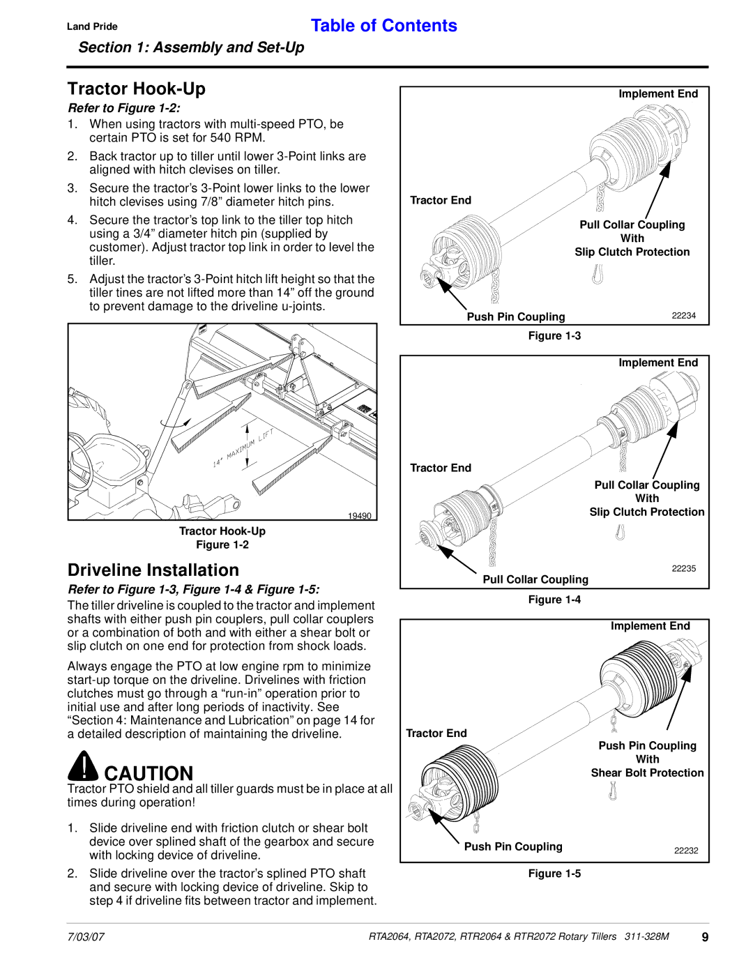 Lowepro RTA2064, RTA2072, RTR2064, RTR2072 manual Tractor Hook-Up, Driveline Installation 