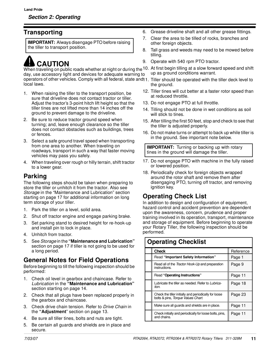 Lowepro RTA2064, RTA2072, RTR2064, RTR2072 Transporting, Parking, General Notes for Field Operations, Operating Check List 