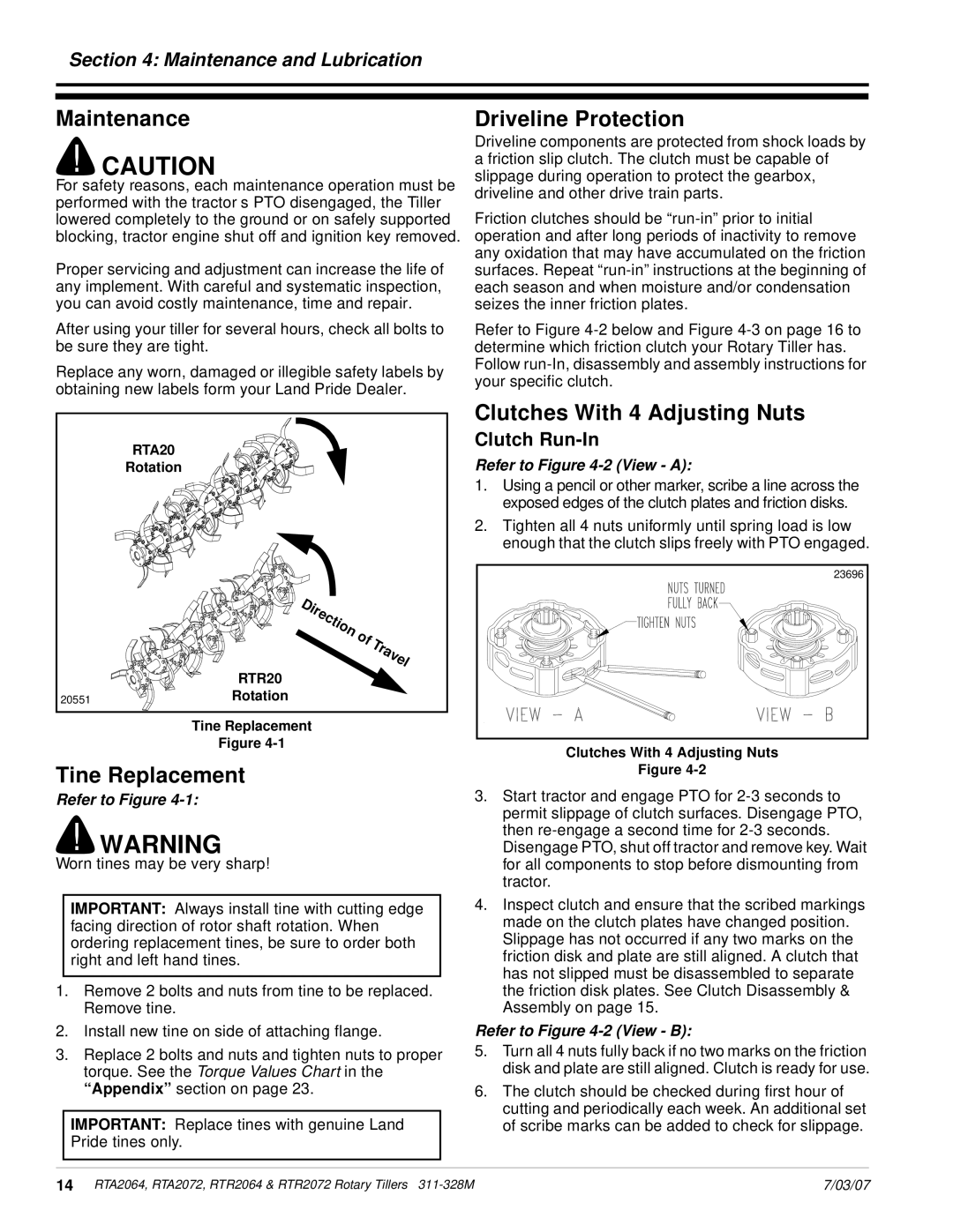 Lowepro RTA2064, RTA2072, RTR2064, RTR2072 manual Maintenance, Tine Replacement, Driveline Protection 