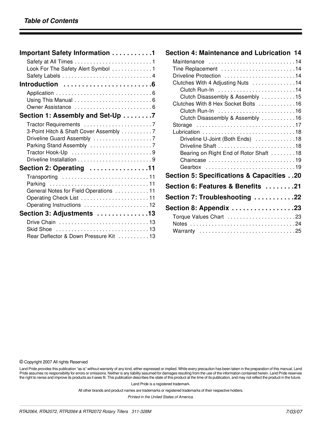 Lowepro RTA2064, RTA2072, RTR2064, RTR2072 manual Table of Contents 