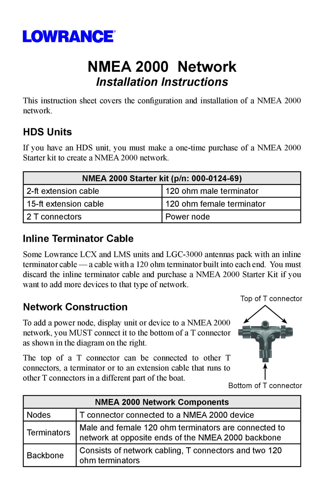 Lowrance electronic 000-0124-69 installation instructions HDS Units, Inline Terminator Cable, Network Construction 