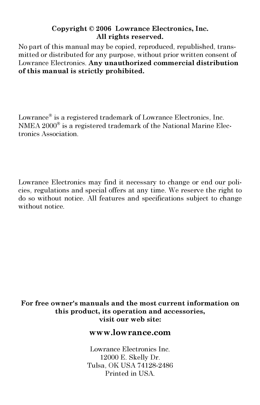 Lowrance electronic 100 installation instructions Copyright 2006 Lowrance Electronics, Inc All rights reserved 