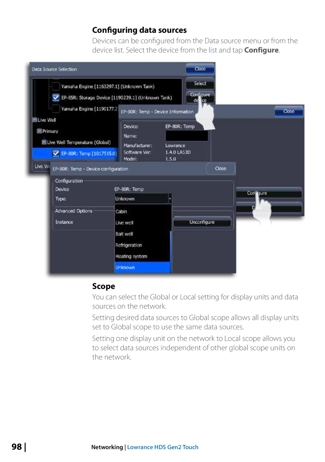 Lowrance electronic 10764001 manual Configuring data sources, Scope 