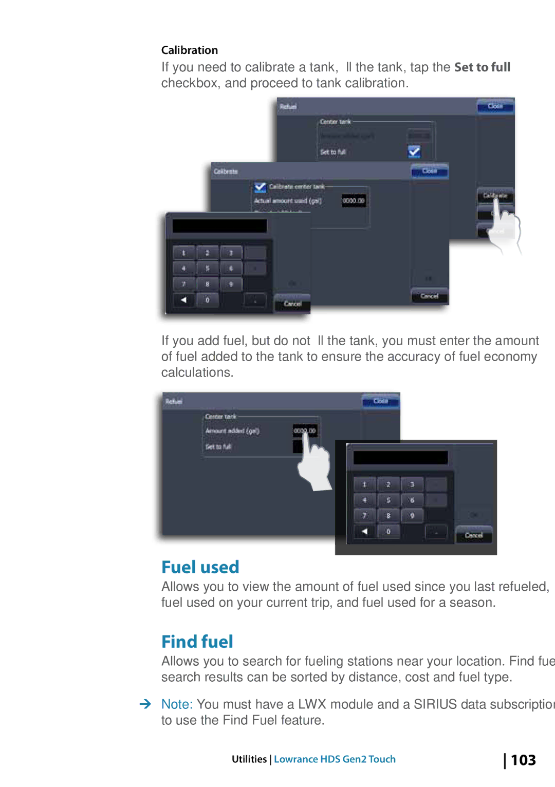 Lowrance electronic 10764001 manual Fuel used, Find fuel, Calibration 