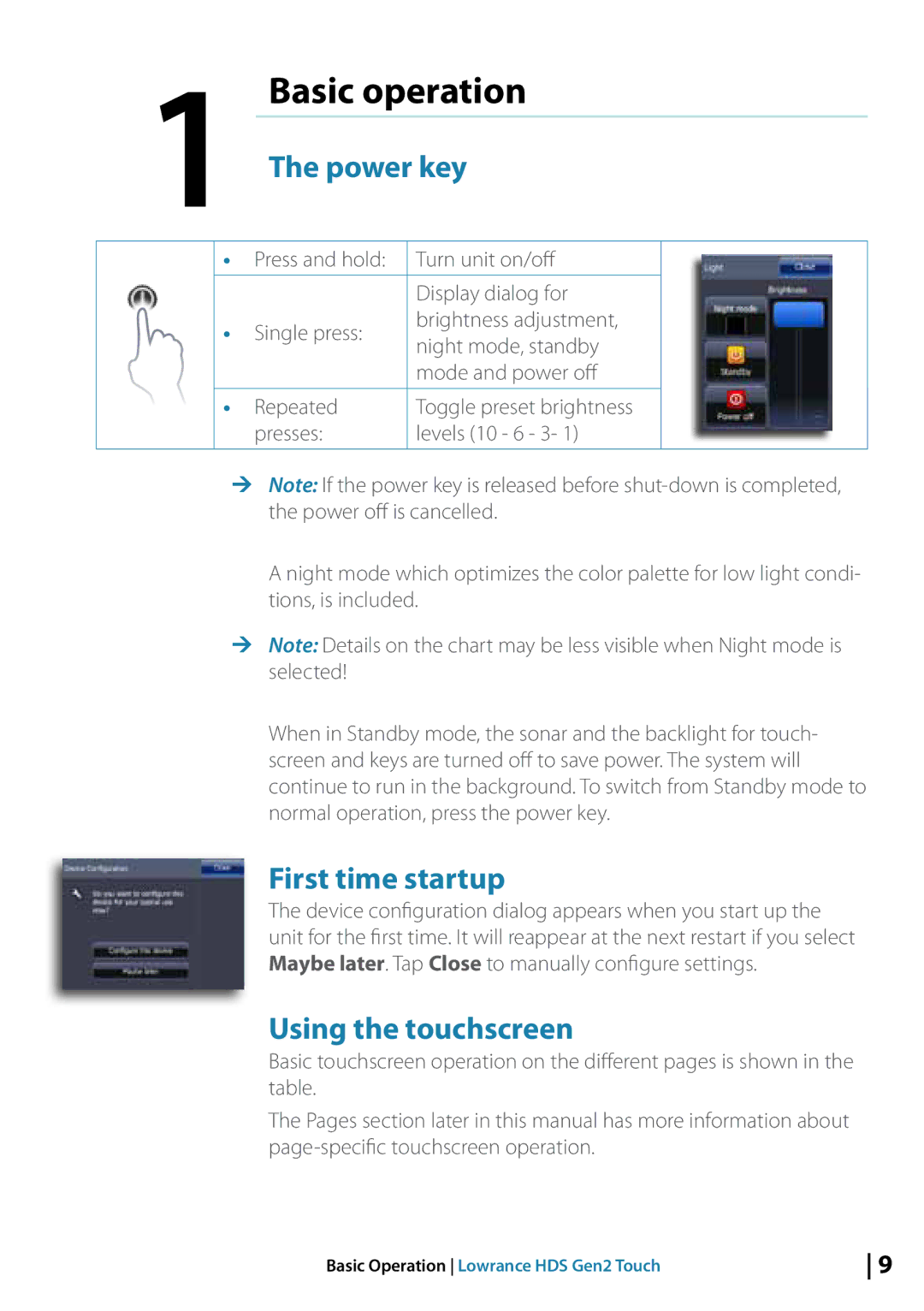 Lowrance electronic 10764001 manual Power key, First time startup, Using the touchscreen 