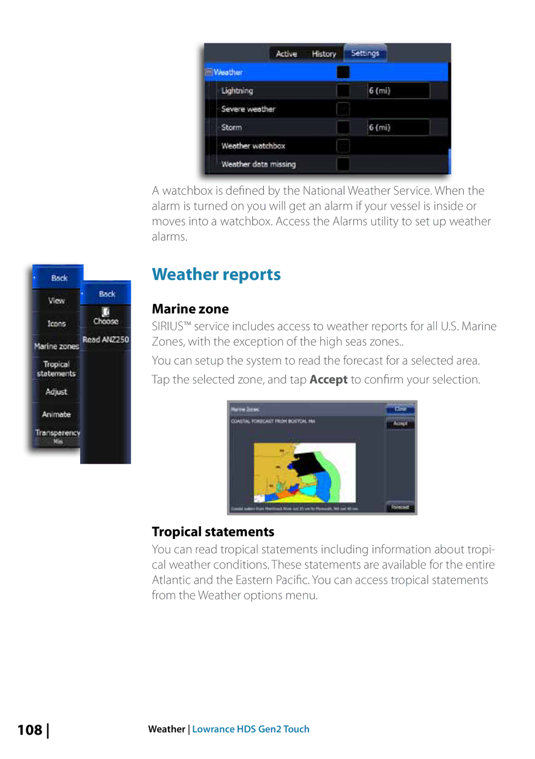 Lowrance electronic 10764001 manual Weather reports, Marine zone, Tropical statements, 108 