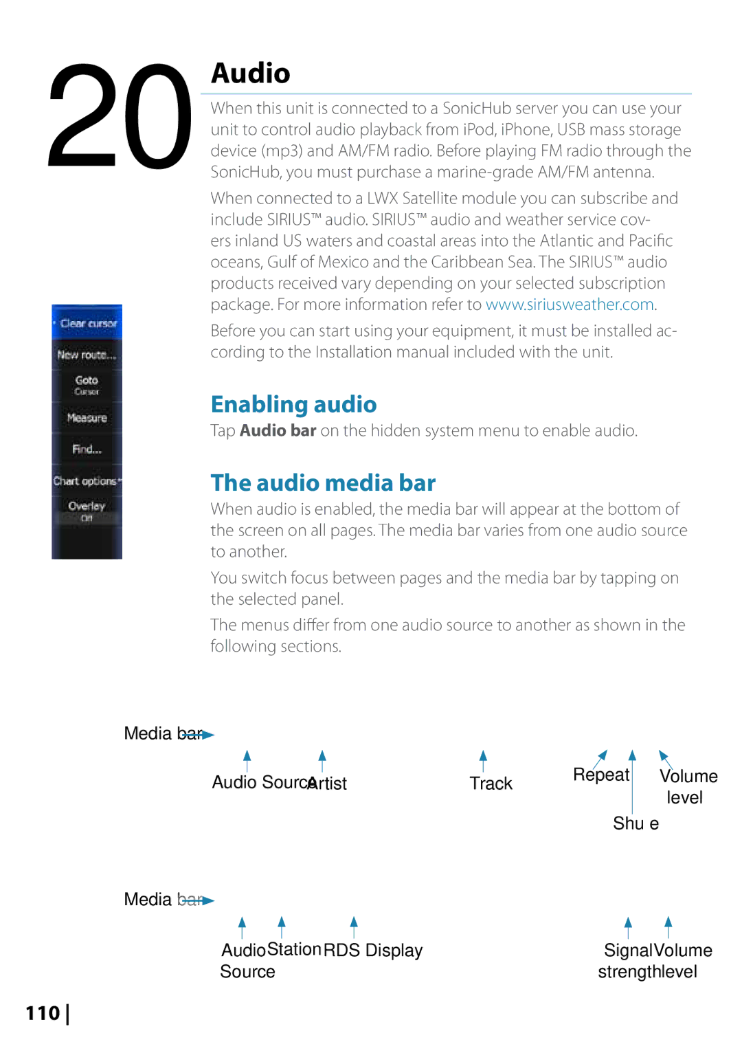 Lowrance electronic 10764001 manual Enabling audio, Audio media bar, 110 