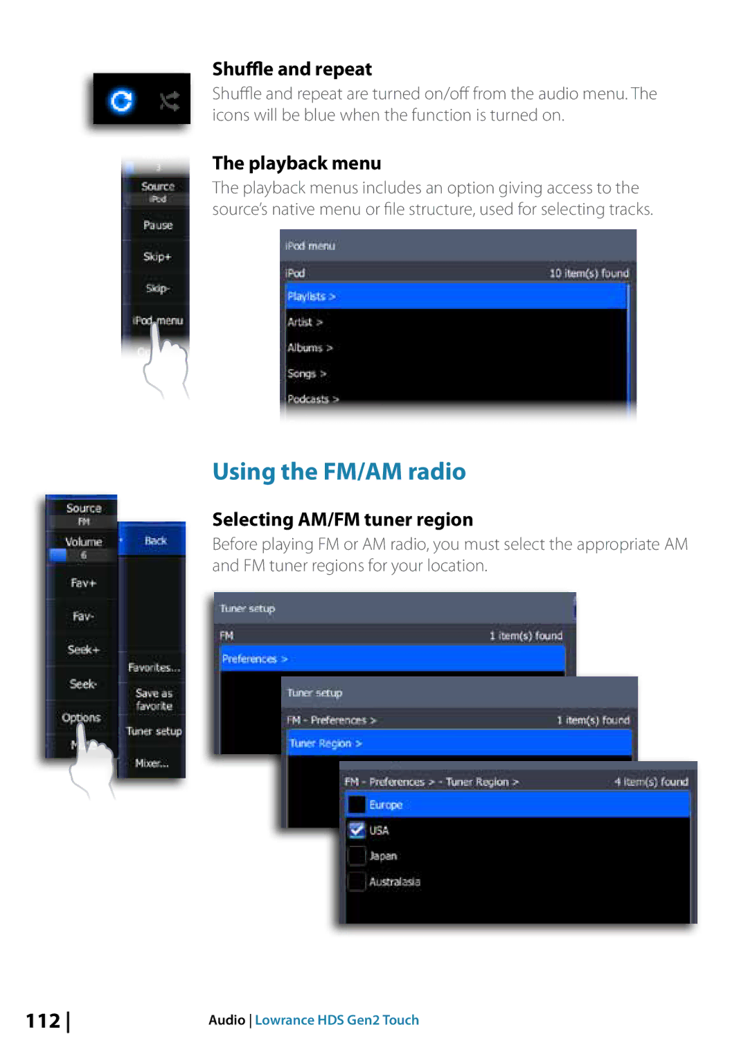 Lowrance electronic 10764001 Using the FM/AM radio, Shuffle and repeat, Playback menu, Selecting AM/FM tuner region, 112 