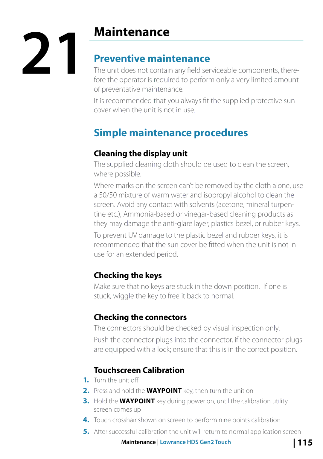 Lowrance electronic 10764001 manual Maintenance, Preventive maintenance, Simple maintenance procedures 