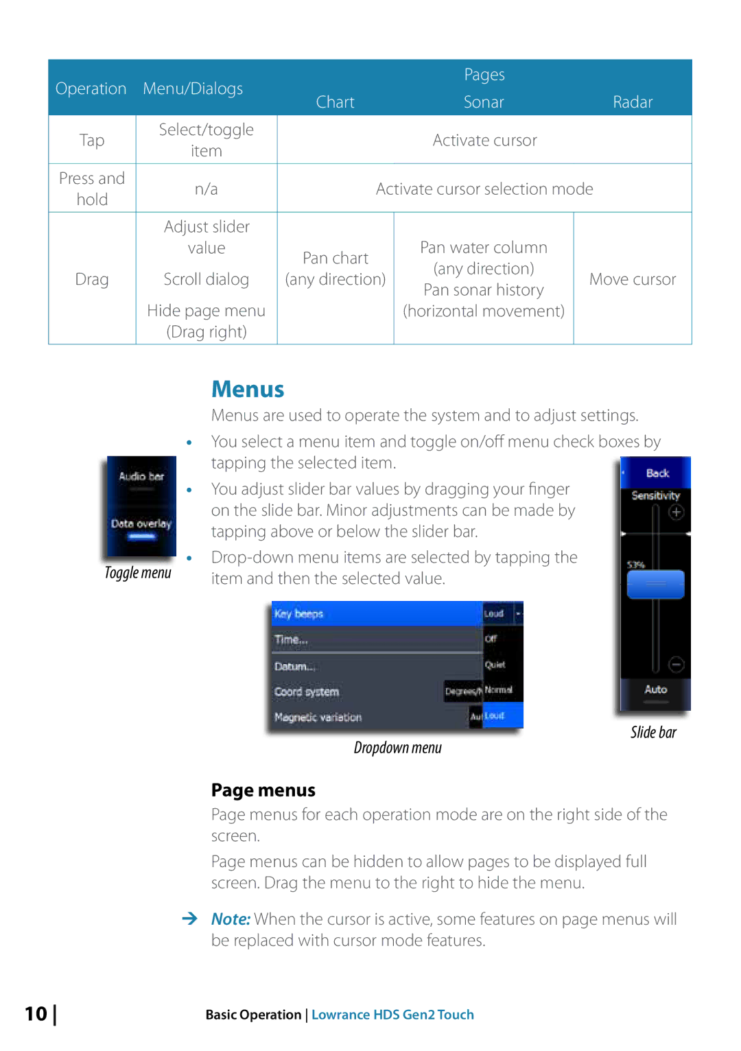 Lowrance electronic 10764001 manual Menus, Dropdown menu, Slide bar 