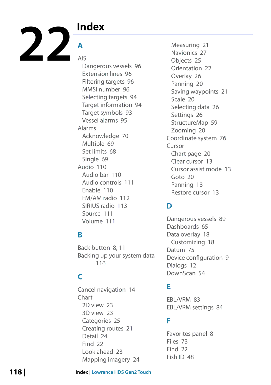 Lowrance electronic 10764001 manual Index, 118 