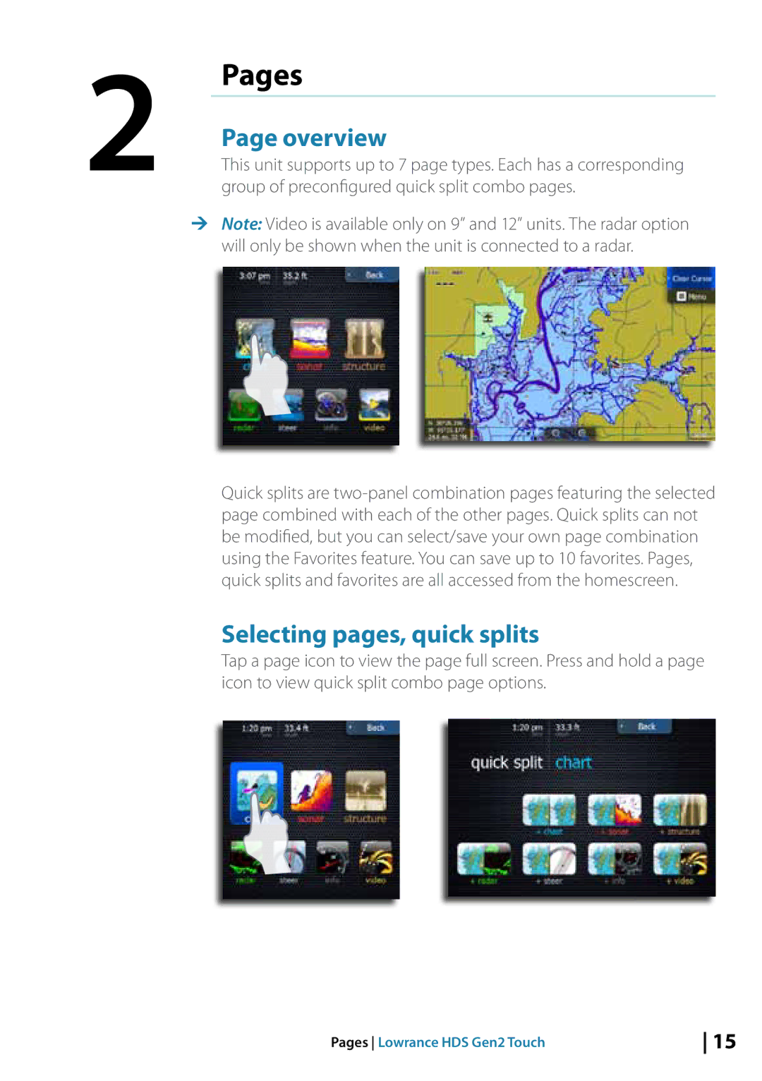 Lowrance electronic 10764001 manual Pages, Overview, Selecting pages, quick splits 
