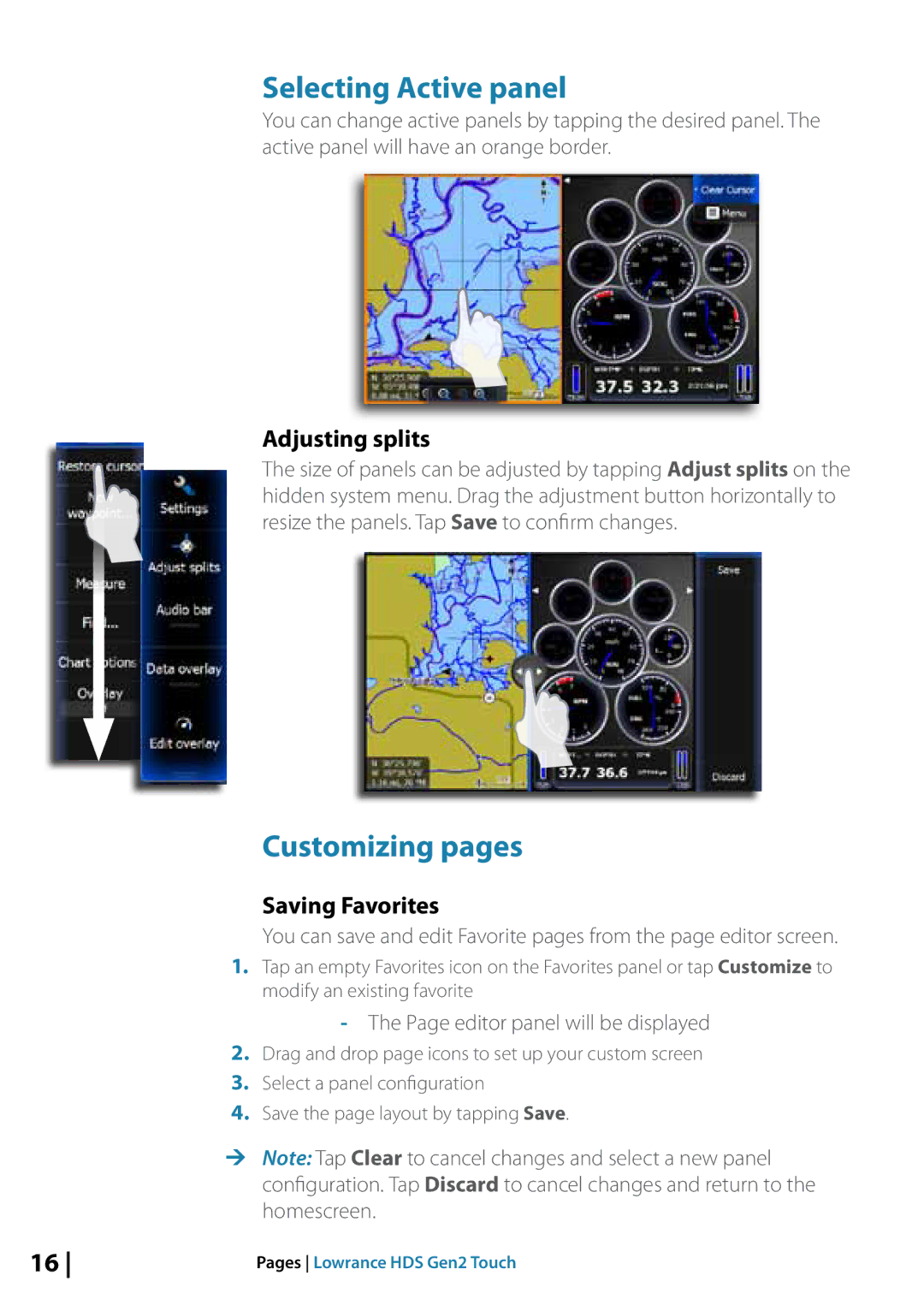 Lowrance electronic 10764001 manual Selecting Active panel, Customizing pages, Adjusting splits, Saving Favorites 