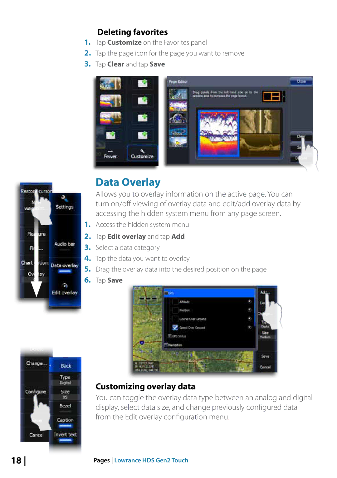 Lowrance electronic 10764001 manual Data Overlay, Deleting favorites, Customizing overlay data 